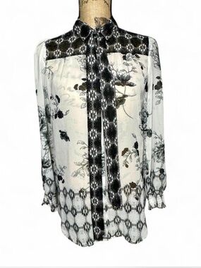 Figueroa & Flower Black & White Sheer Floral Tie-Neck Blouse Office Career Top S